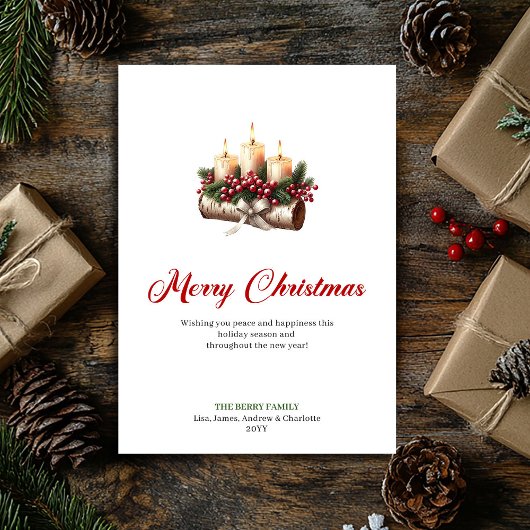 Rustic Christmas candles on wooden log card Feestdagenkaart