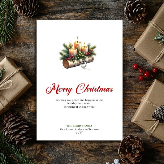 Rustic Christmas candles pine holly design card Feestdagenkaart