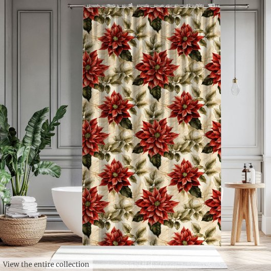 Rustic Christmas Curtain Red Vintage Poinsettia Douchegordijn