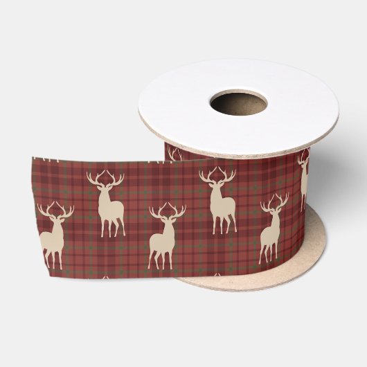 Rustic Christmas Deer Pattern Red Satin Ribbon Satijnen Lint (Spoel)