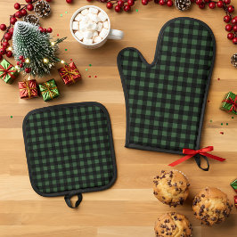 Rustic Christmas Green & Black Buffalo Plaid Ovenwant & Pannenlap Set