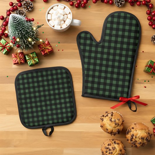 Rustic Christmas Green & Black Buffalo Plaid Ovenwant & Pannenlap Set