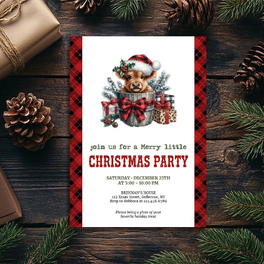 Rustic Christmas invitation with highland cow art Kaart