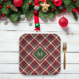 Rustic Christmas Monogram Naam Red Green Plaid Papieren Bordje