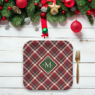Rustic Christmas Monogram Naam Red Green Plaid Papieren Bordje