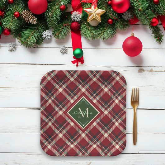 Rustic Christmas Monogram Naam Red Green Plaid Papieren Bordje