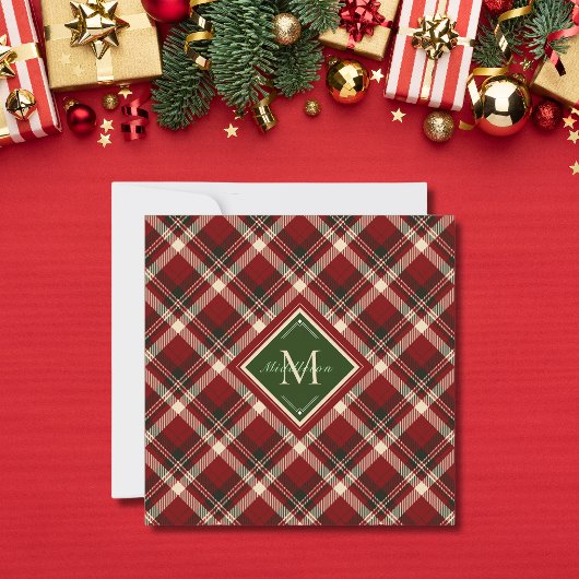 Rustic Christmas Monogram Red Plaid platte Kaart
