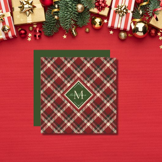 Rustic Christmas Monogram Red Plaid platte Kaart