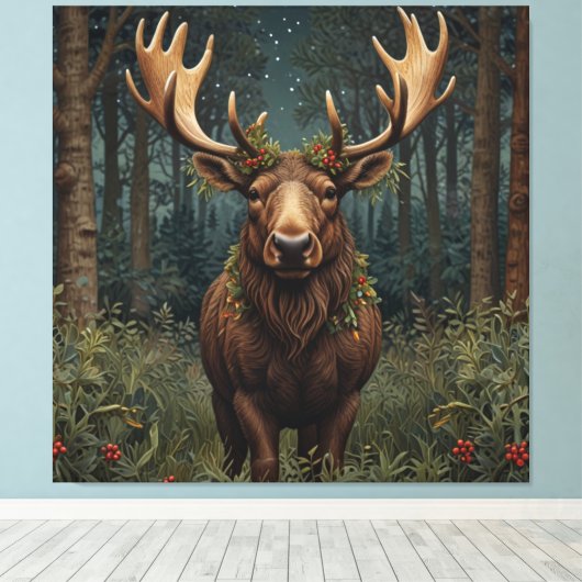 Rustic Christmas moose deer boho woodland forest  Canvas Afdruk (Insitu (Houten vloer))