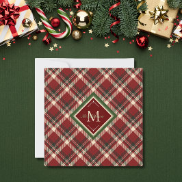 Rustic Christmas Plaid Red Monogram Platte Kaart