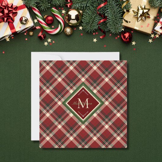 Rustic Christmas Plaid Red Monogram Platte Kaart