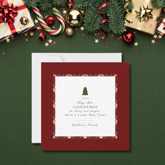 Rustic Christmas Plaid Red Monogram Platte Kaart