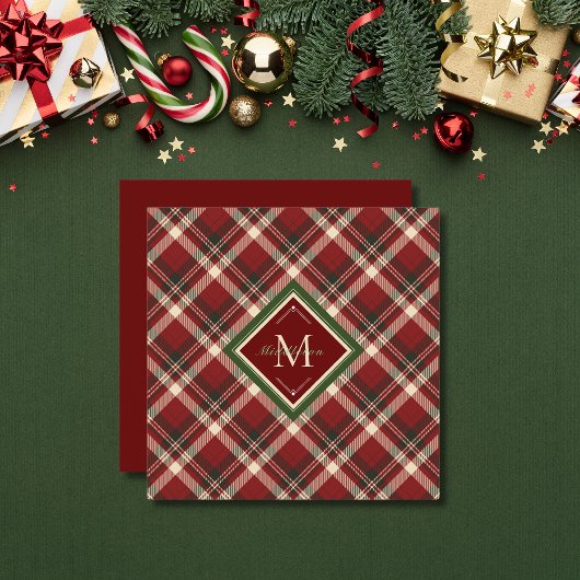 Rustic Christmas Plaid Red Monogram Platte Kaart