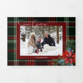 Rustic Christmas Plaid w/Poinsettia & Pine Photo Drieluik Wenskaart (Cover)