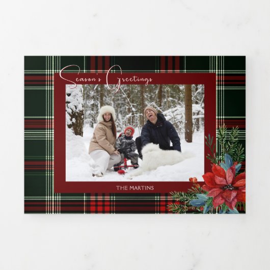 Rustic Christmas Plaid w/Poinsettia & Pine Photo Drieluik Wenskaart (Cover)