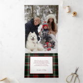 Rustic Christmas Plaid w/Poinsettia & Pine Photo Drieluik Wenskaart (Binnen)