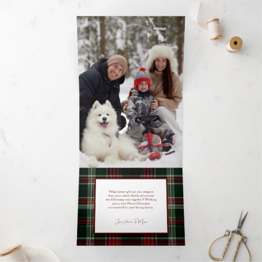 Rustic Christmas Plaid w/Poinsettia & Pine Photo Drieluik Wenskaart (Binnen)