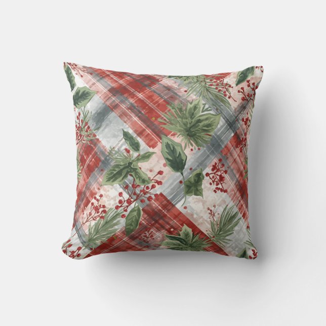 Rustic Christmas Plaid with Winter Pine & Berries Kussen (Voorkant)