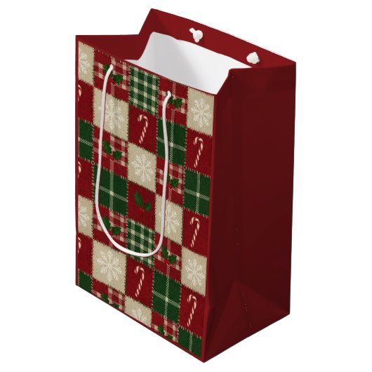 Rustic Christmas Quilt Plaid Medium Cadeauzakje (Voorkant Gekanteld)