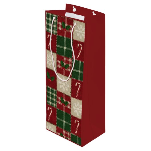 Rustic Christmas Quilt Plaid Wijn Cadeautas (Achterkant Gekanteld)