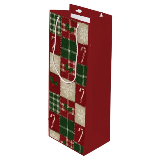 Rustic Christmas Quilt Plaid Wijn Cadeautas (Voorkant Gekanteld)