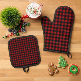 Rustic Christmas Red & Black Buffalo Plaid Ovenwant & Pannenlap Set