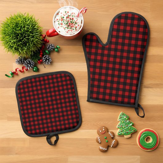 Rustic Christmas Red & Black Buffalo Plaid Ovenwant & Pannenlap Set