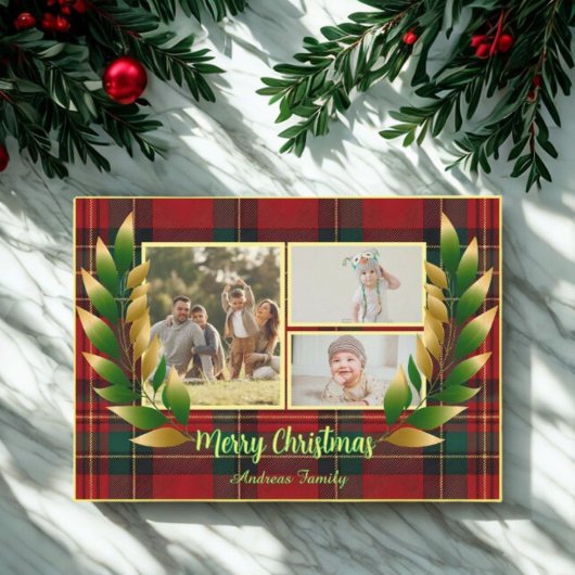 Rustic Christmas Red Green Rustic 3 Photo  Feestdagenkaart