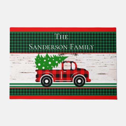 Rustic Christmas Red Truck Green Buffalo Plaid Deurmat (Voorkant)