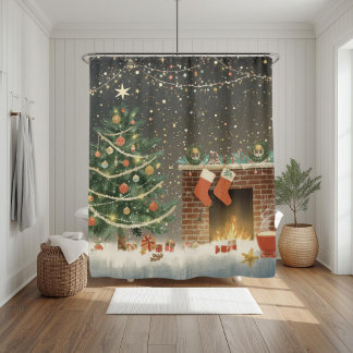 Rustic Christmas Tree and Fireplace Shower Curtain Douchegordijn