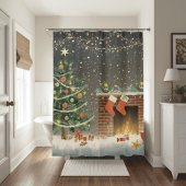 Rustic Christmas Tree and Fireplace Shower Curtain Douchegordijn