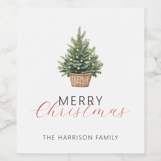 Rustic Christmas Tree In Basket Wijn Etiket (Enkel label)