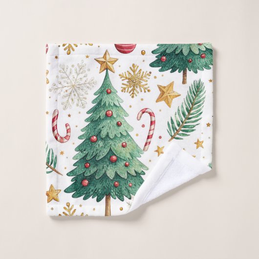 Rustic Christmas trees red green gold bath towel Bad Handdoek (Wasdoekje)