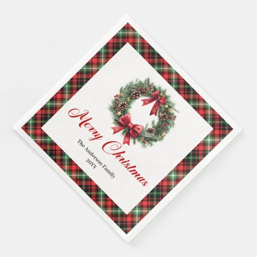 Rustic Christmas Wreath Napkins Red Green Pattern Servet (Hoek)