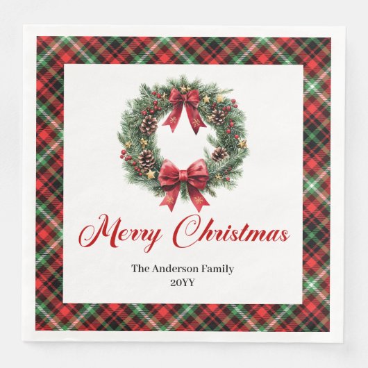 Rustic Christmas Wreath Napkins Red Green Pattern Servet (Voorkant)