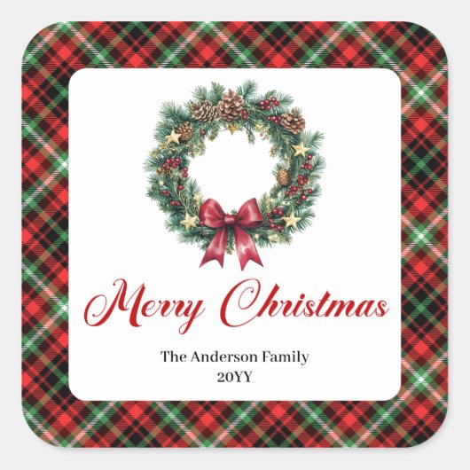 Rustic Christmas Wreath Red Green Plaid Stickers (Voorkant)