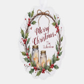 Rustic Christmas Wreath with Holly  Ornament Kaart (Rechts)