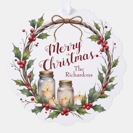 Rustic Christmas Wreath with Holly  Ornament Kaart (Voorkant)