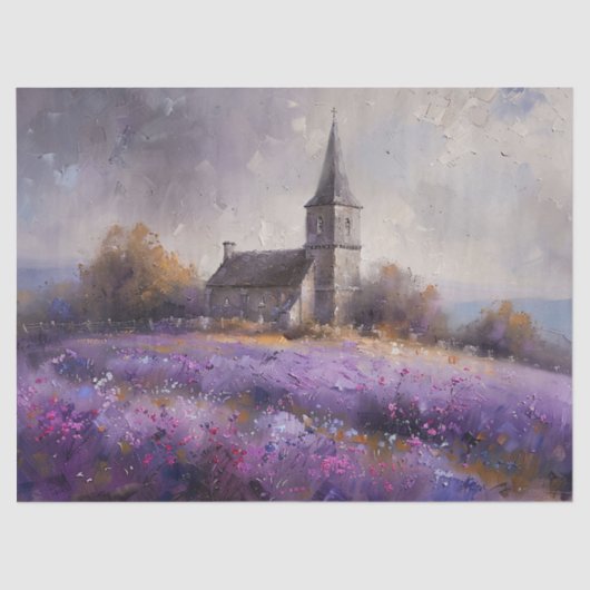 Rustic Church en Paarse Wildflowers Decoupage Tissuepapier (Voorkant)