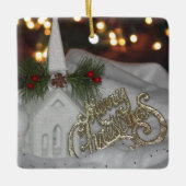 Rustic Church Lights Merry Kerstmis 1:17 Keramisch Ornament (Voorkant)