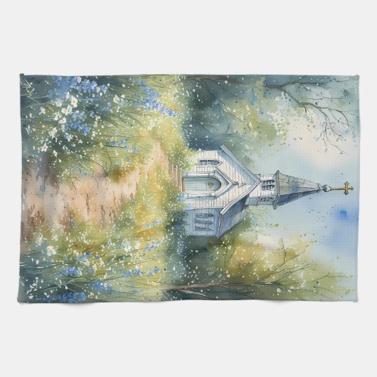 Rustic Church Path in Wildflower Meadow Theedoek (Horizontaal)