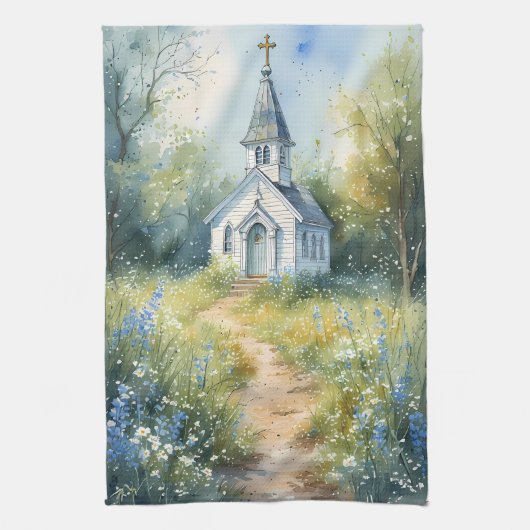 Rustic Church Path in Wildflower Meadow Theedoek (Verticaal)