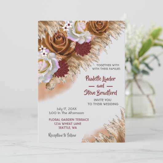 Rustic Cinnamon Roos Wildflower Boho Wedding Kaart (Staand voorkant)