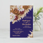 Rustic Cinnamon Roos Wildflower Navy Blue Wedding Kaart (Staand voorkant)