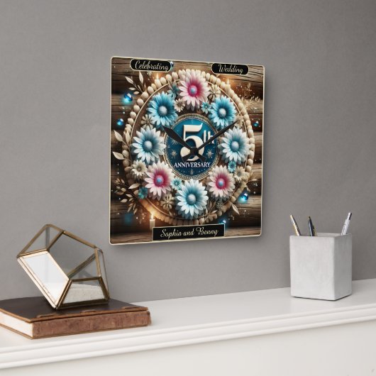 Rustic Circle: Vijfde Jubileum Bloemen Creatie Vierkante Klok (Kantoor)