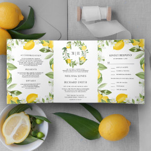 Rustic Citrus Lemon Orchard All in One Wedding Drieluik Uitnodiging