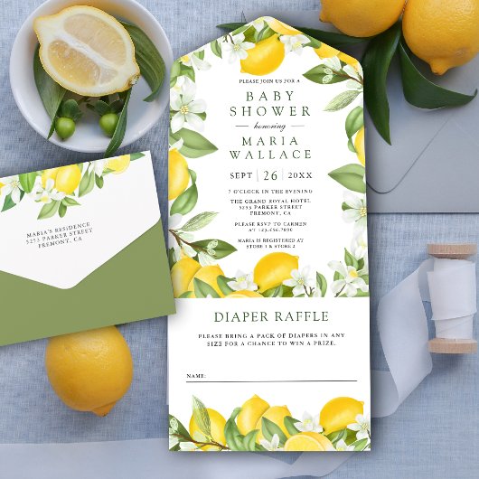 Rustic Citrus Lemon Orchard Baby shower All In One Uitnodiging
