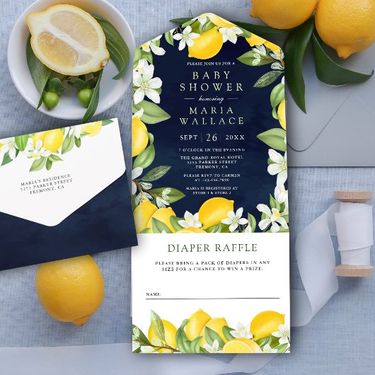 Rustic Citrus Lemon Orchard Navy Blue Baby shower All In One Uitnodiging