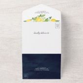 Rustic Citrus Lemon Orchard Navy Blue Wedding All In One Uitnodiging (Buitenkant)