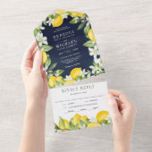 Rustic Citrus Lemon Orchard Navy Blue Wedding All In One Uitnodiging (Afscheurbaar)